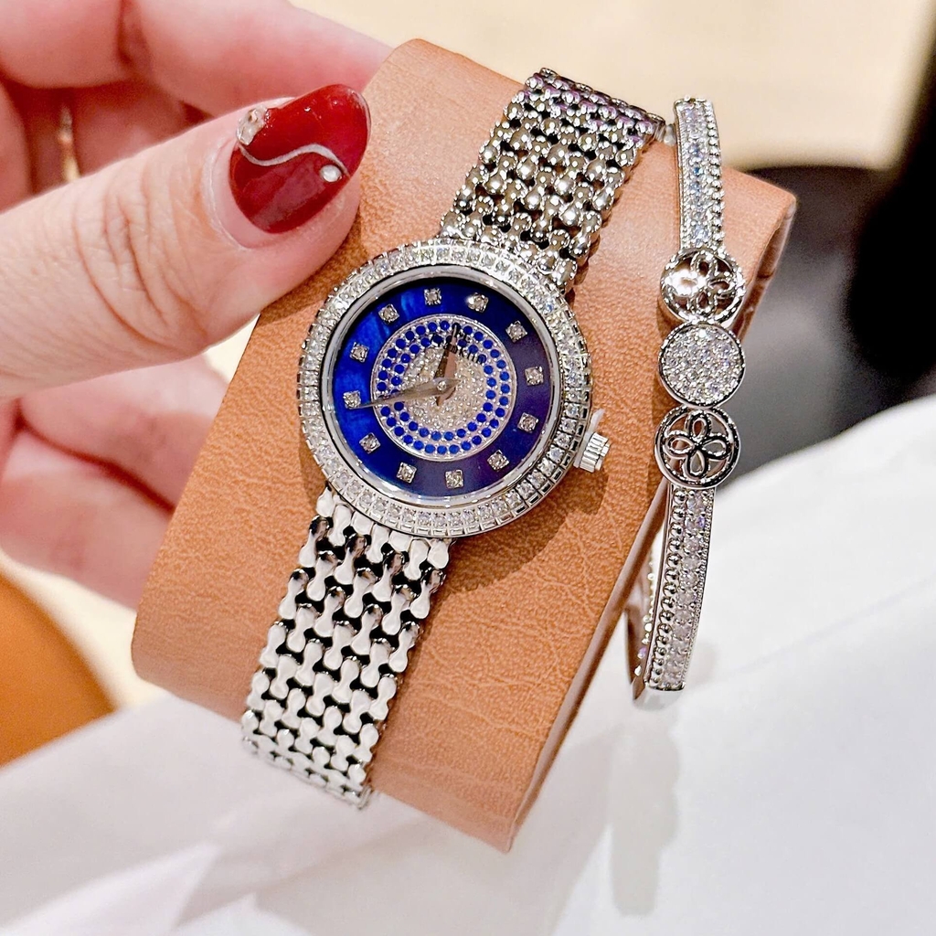 Đồng Hồ Nữ Franklin FL5688 Chính Hãng Dây Thép Silver Mặt Xanh Size 29mm Viền Đá Tặng Kèm Lắc Tay