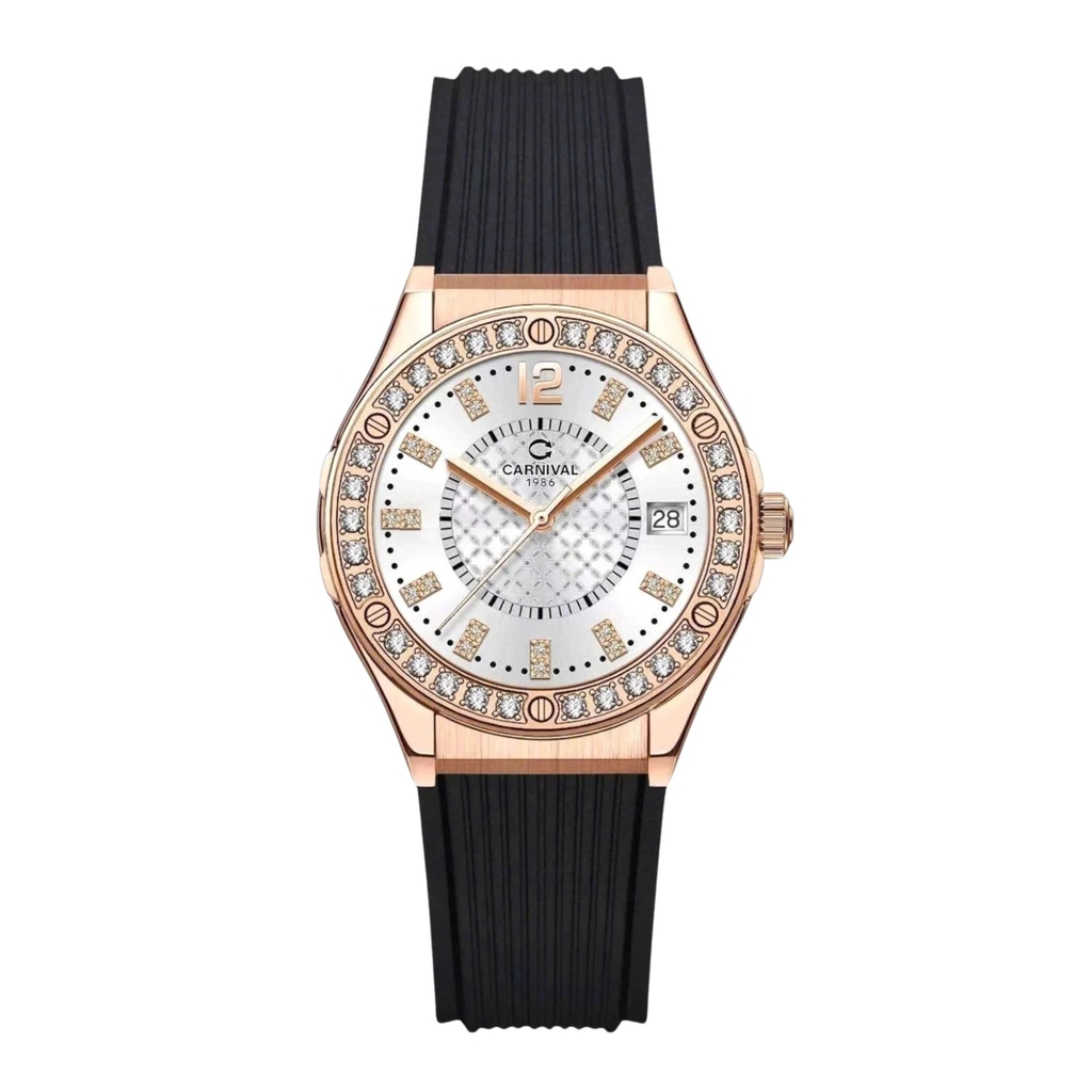 Đồng Hồ Nữ Carnival 8173L2 Dây Cao Su Đen Mặt Trắng Đính Đá Rose Size 34mm Quartz Japan Carnival 8173L2-VH-DCS-T