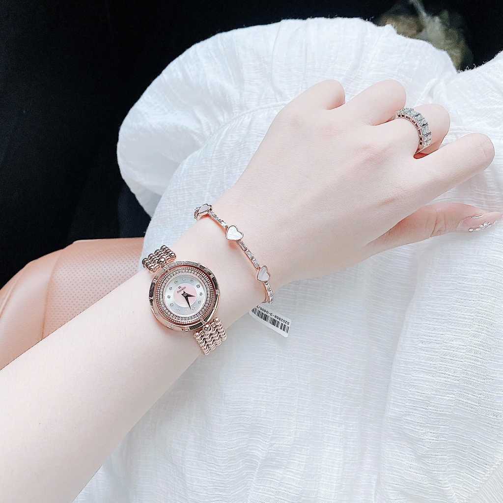 Đồng Hồ Nữ Franklin Màu Vàng Hồng Mặt Xà Cừ Trắng Size 32mm Mặt Xoay 360 Độ FL5488 Tặng Kèm Vòng Tay