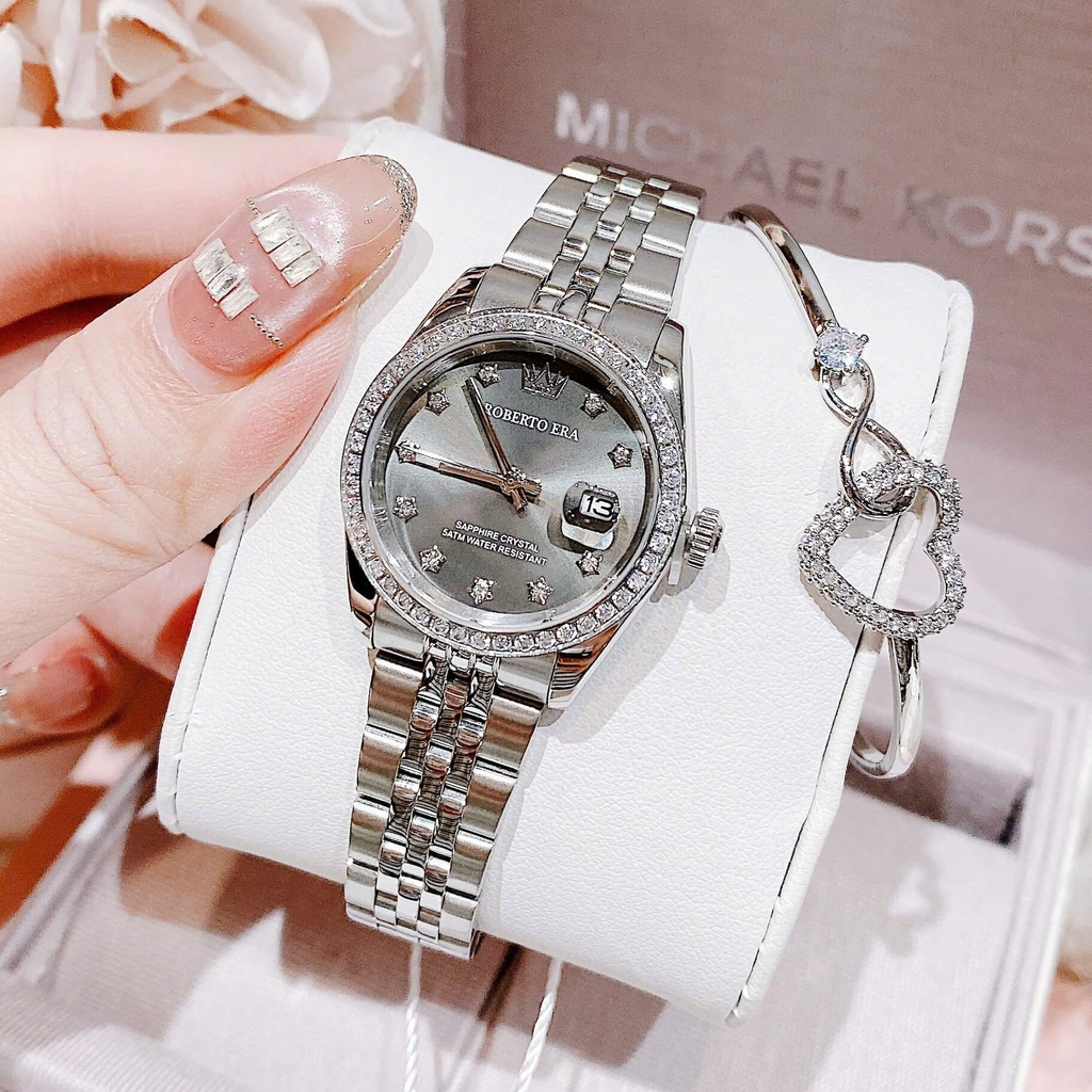 Đồng Hồ Nữ Roberto Era Dây Thép Silver Mặt Xám Viền Đá Size 28mm Roberto Era RE120