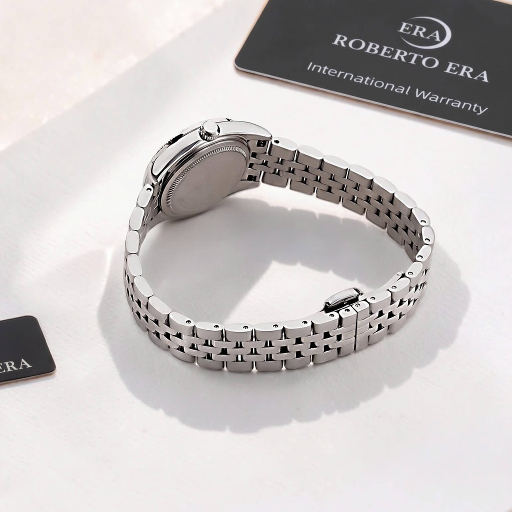 Đồng Hồ Nữ Roberto Era Dây Thép Silver Mặt Xà Cừ Trắng Niềng Khía Size 28mm RE1201