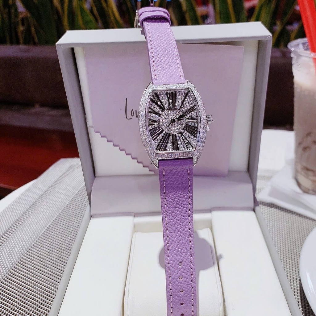 Đồng Hồ Nữ Rivero Dây Da Tím Mặt Oval Đính Đá Size 32mm Quartz Japan Chính Hãng