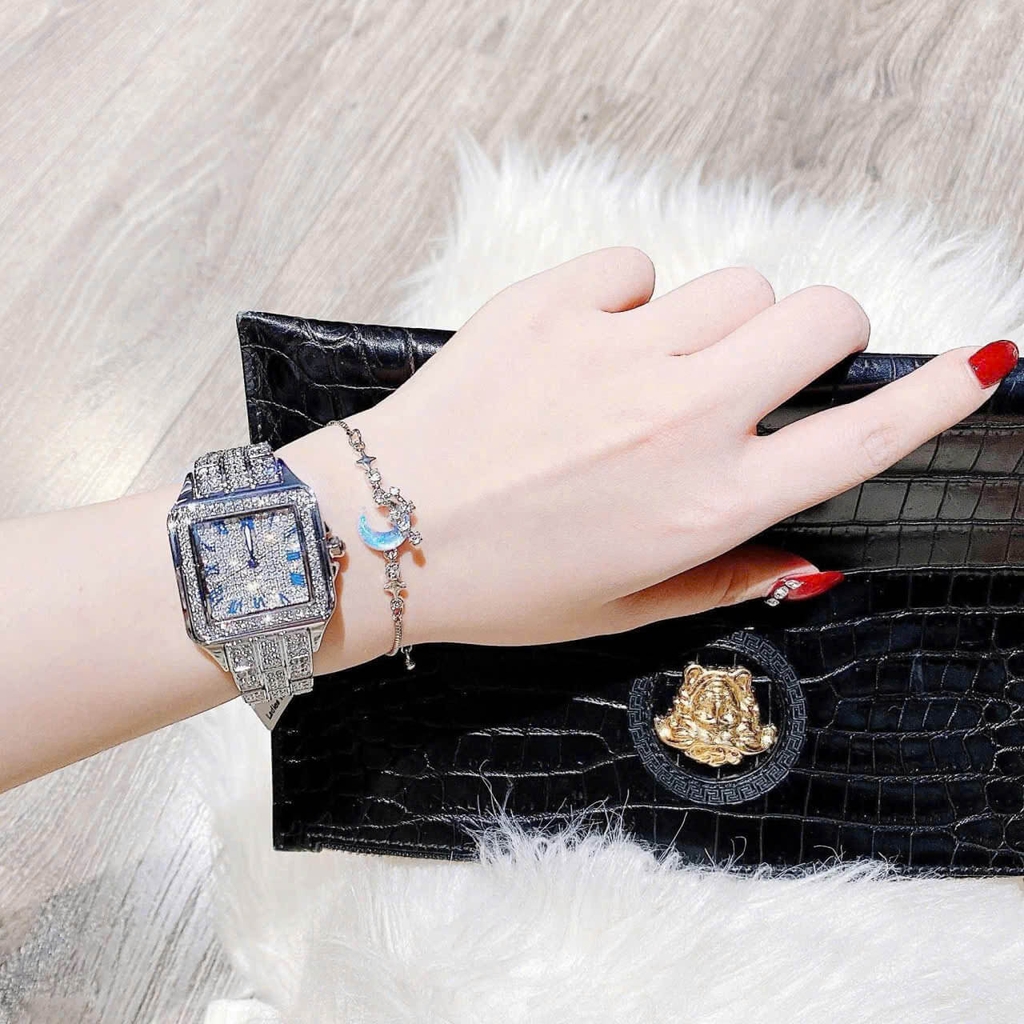Đồng Hồ Nữ Franklin Đính Đá Chính Hãng Mặt Vuông Size 34mm Kim Xanh Quartz FL6188