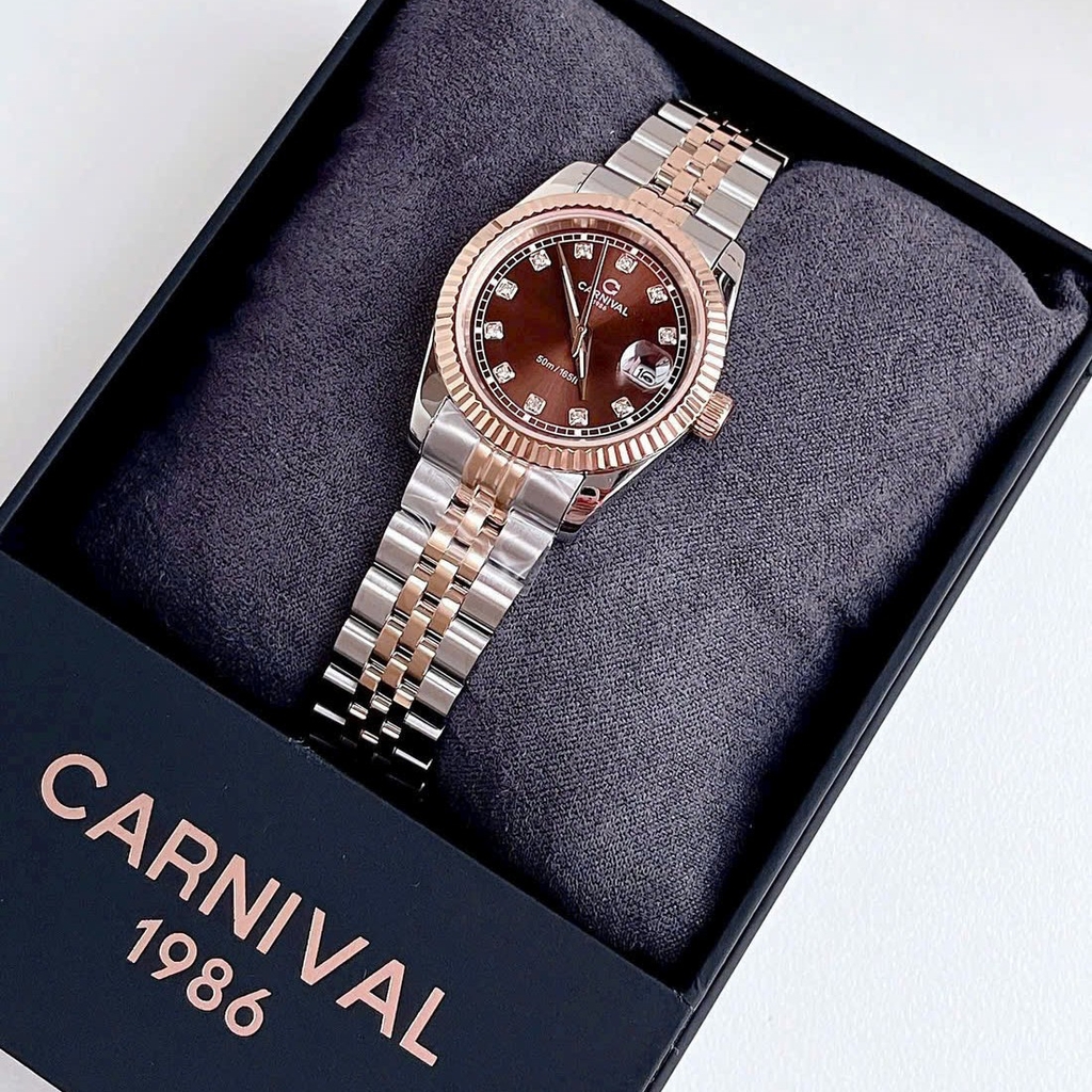 Đồng Hồ Nữ Carnival 8131L-CH-N Demi Vàng Hồng Mặt Nâu Size 30mm Quartz Japan