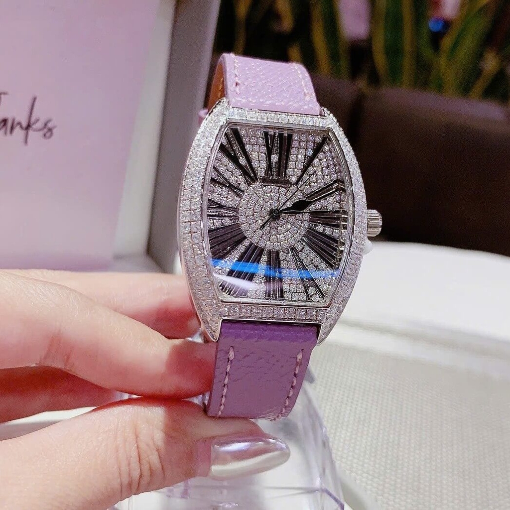Đồng Hồ Nữ Rivero Dây Da Tím Mặt Oval Đính Đá Size 32mm Quartz Japan Chính Hãng