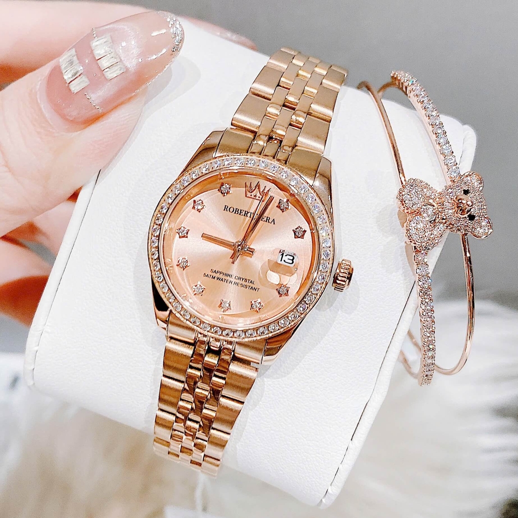 Đồng Hồ Nữ Roberto Era Dây Thép Vàng Hồng Viền Đá Size 28mm Roberto Era RE120
