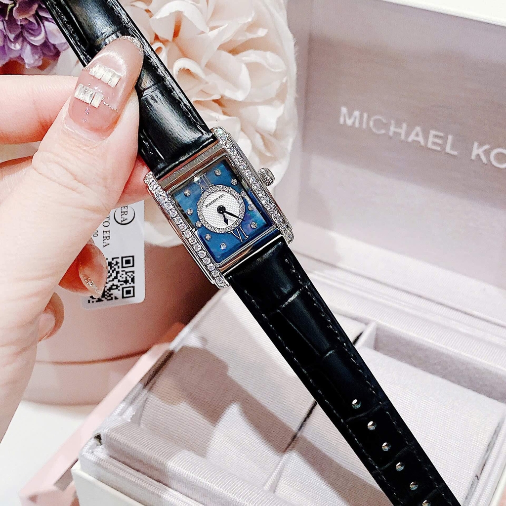 Set Đồng Hồ Nữ Roberto Era Dây Da Đen Xà Cừ Mặt Chữ Nhật Size 28mm Viền Mặt Đính Đá Vỏ Silver RE350