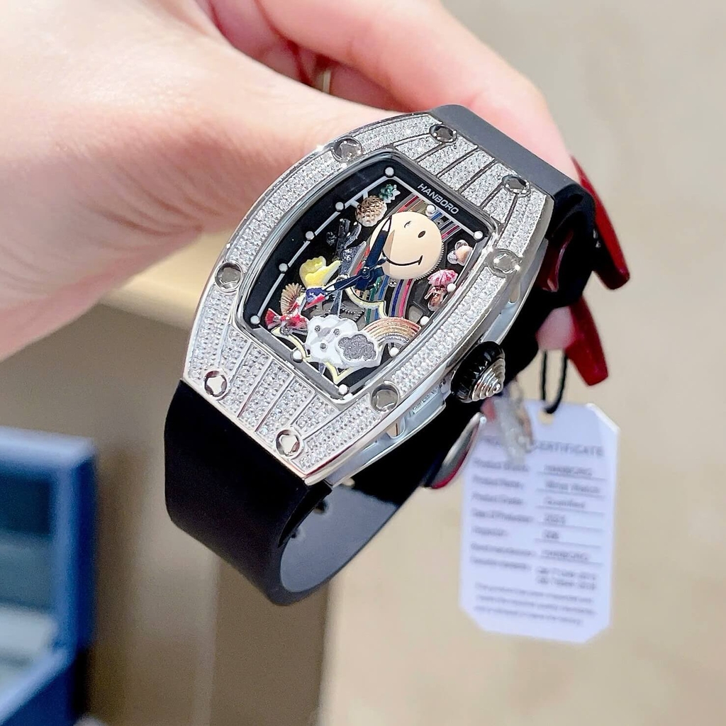 Đồng Hồ Nữ Hanboro Mặt Cười Dây Cao Su Đen Chính Hãng Đính Đá Silver Mặt Size 36mm Quartz