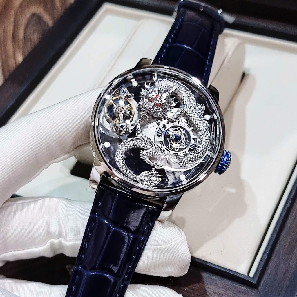 Đồng Hồ Nam Hanboro Automatic Dây Da Xanh Đậm Vỏ Silver Mặt Rồng Size 44mm HBR1018