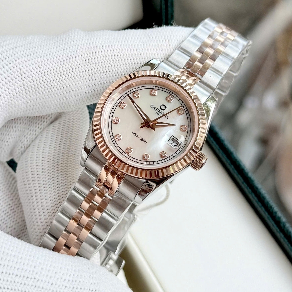 Đồng Hồ Nữ Carnival 8131L-CH-TK Demi Vàng Hồng Mặt Xà Cừ Trắng Size 30mm Quartz Japan