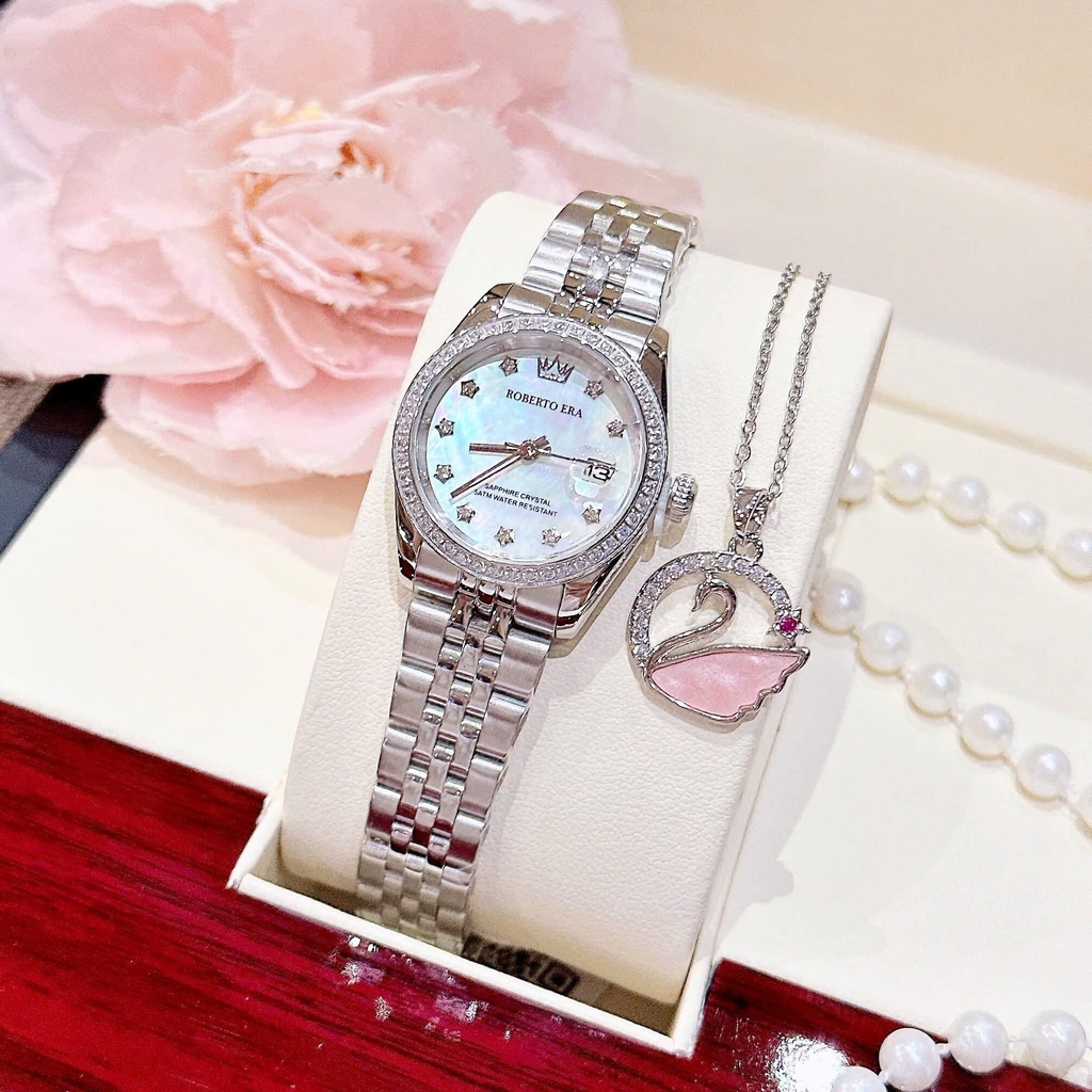 Đồng Hồ Nữ Roberto Era Dây Thép Silver Mặt Xà Cừ Trắng Viền Đá Size 28mm Roberto Era RE120