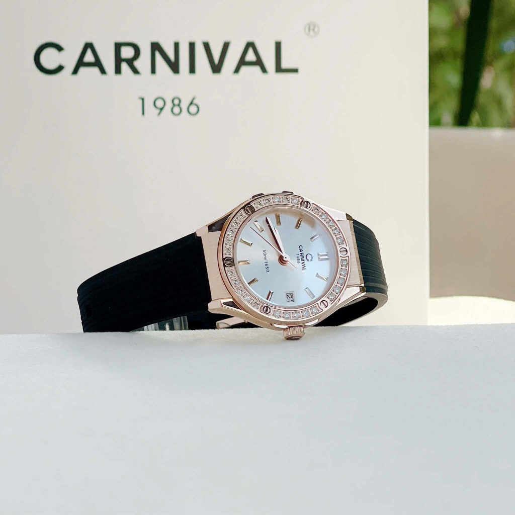 Đồng Hồ Nữ Carnival 8168L2 Dây Cao Su Đen Mặt Trắng Đính Đá Rose Size 34mm Quartz 8168L2 VH-DCS-T