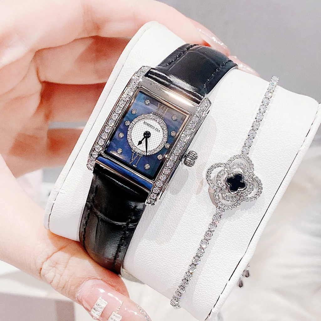 Set Đồng Hồ Nữ Roberto Era Dây Da Đen Xà Cừ Mặt Chữ Nhật Size 28mm Viền Mặt Đính Đá Vỏ Silver RE350