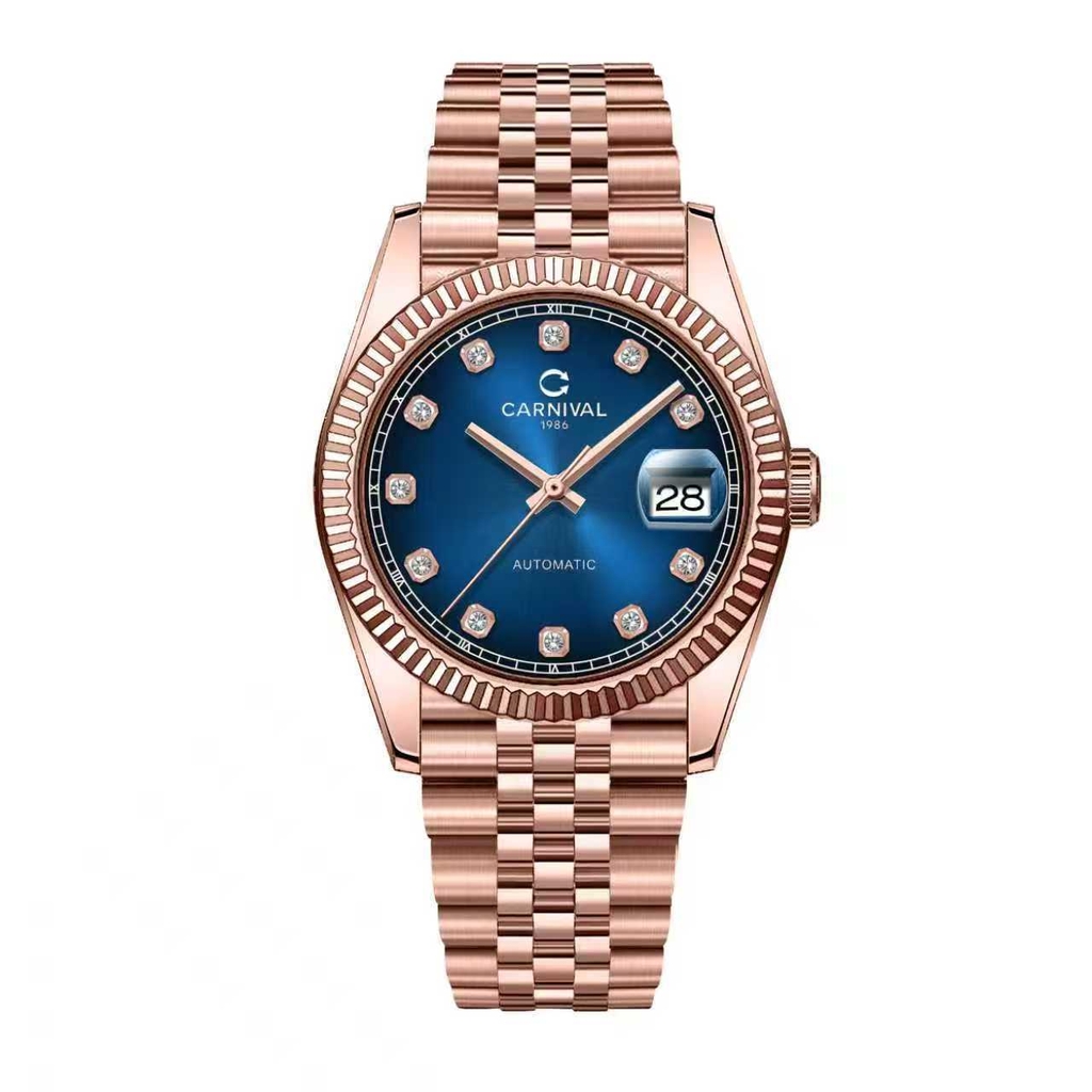 Đồng Hồ Nam Carnival 8250G-VH-X Automatic Dây Thép Màu Vàng Hồng Mặt Xanh Dương Size 38mm