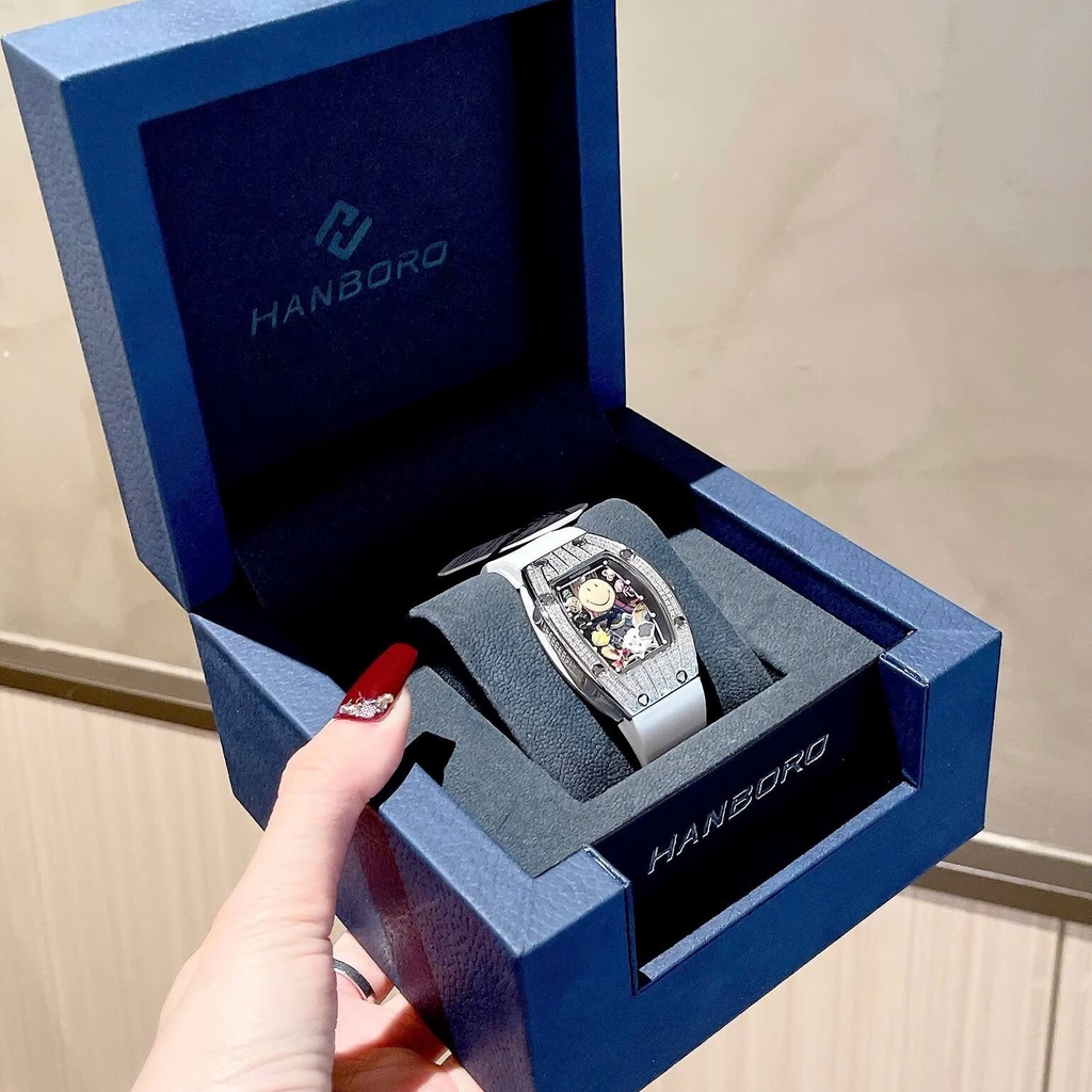 Đồng Hồ Nữ Hanboro Mặt Cười Dây Cao Su Trắng Chính Hãng Đính Đá Silver Mặt Size 36mm Quartz