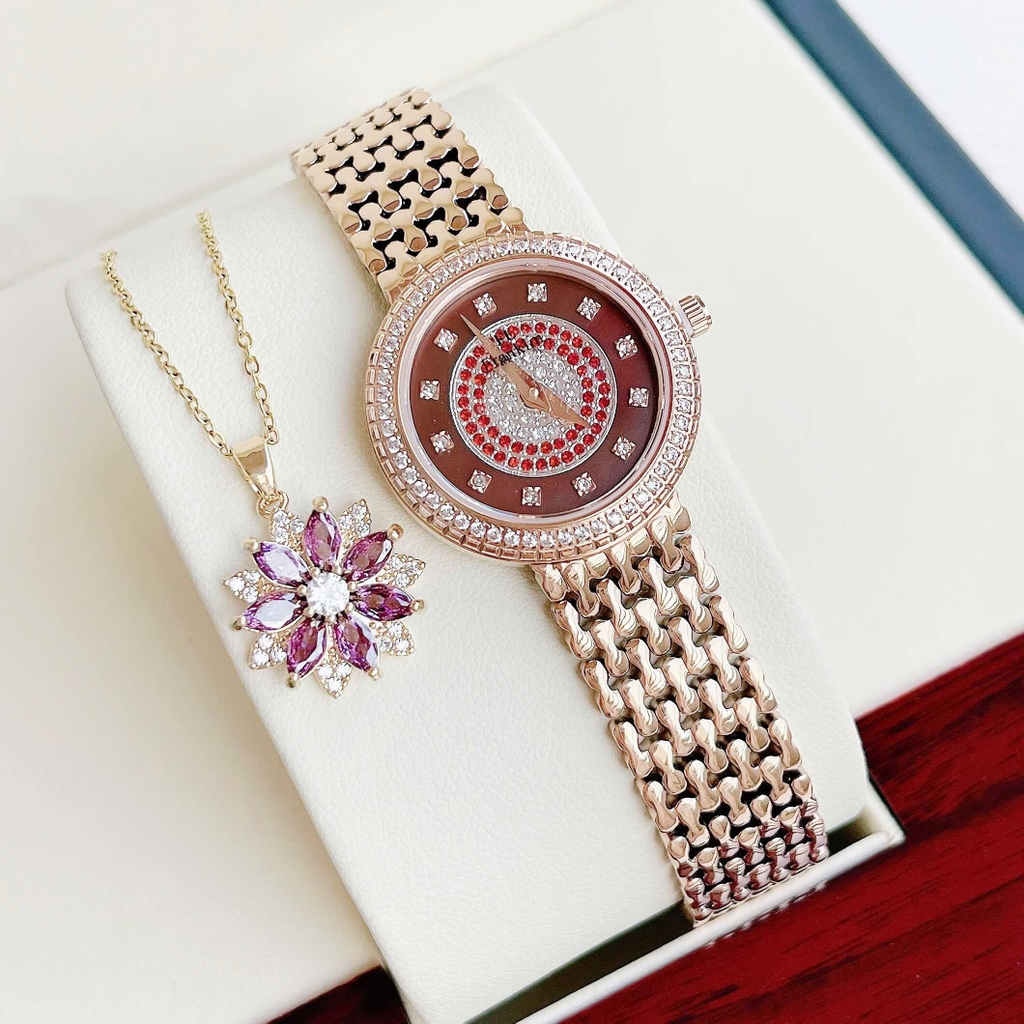 Đồng Hồ Nữ Franklin FL5688 Chính Hãng Dây Thép Vàng Hồng Mặt Nâu Size 29mm Viền Đá Tặng Kèm Phụ Kiện