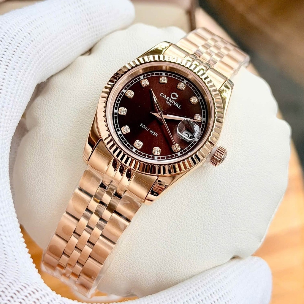 Đồng Hồ Nữ Carnival 8131L-VH-N Dây Thép Vàng Hồng Mặt Nâu Size 30mm Quartz Japan