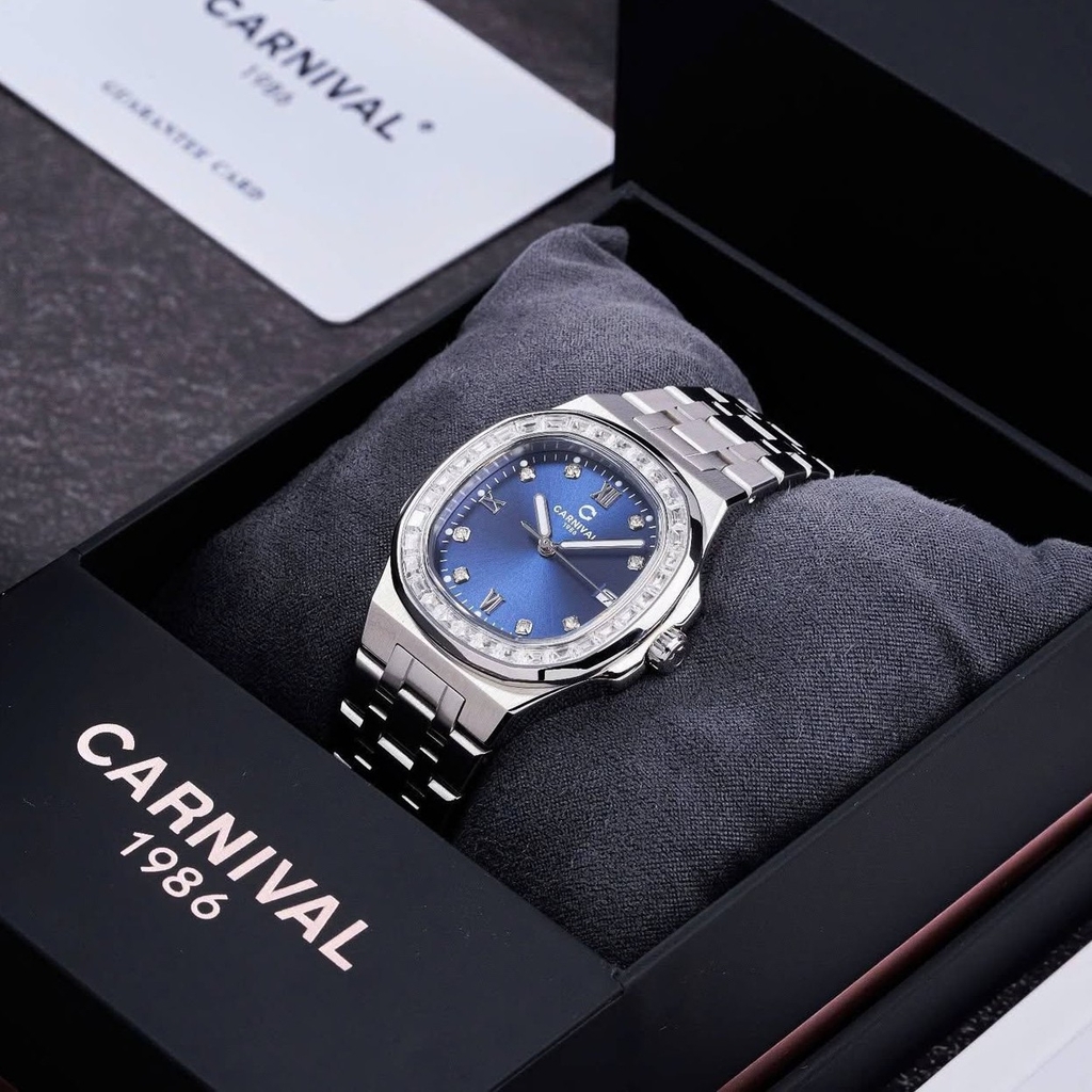 Đồng Hồ Nữ Carnival 8160L2-VT-X Dây Thép Silver Mặt Xanh Dương Viền Đá Size 34mm Sapphire
