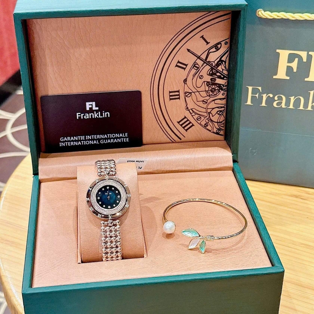 Đồng Hồ Nữ Franklin FL5488 Dây Thép Vàng Hồng Mặt Xà Cừ Đen Size 32mm Mặt Xoay 360 Độ