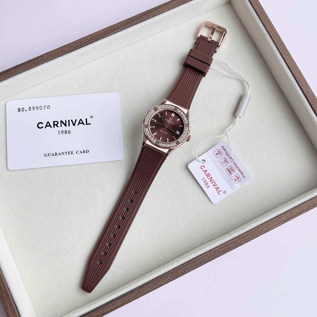 Đồng Hồ Nữ Carnival 8168L2 Dây Cao Su Nâu Đính Đá Rose Size 34mm Quartz 8168L2 VH-DCS-N