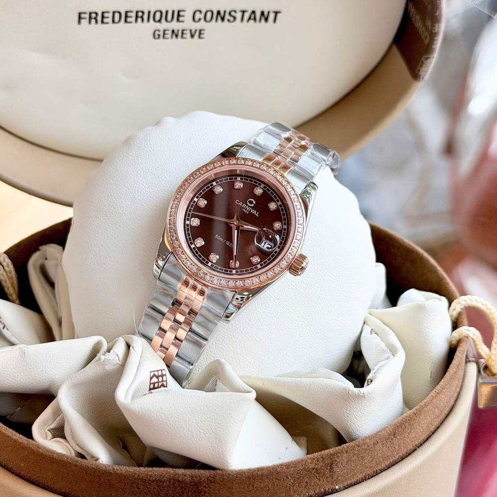 Đồng Hồ Nữ Carnival 8131L2-CH-N Dây Demi Vàng Hồng Mặt Nâu Chocolate Viền Đính Đá Size 31mm Quartz Japan
