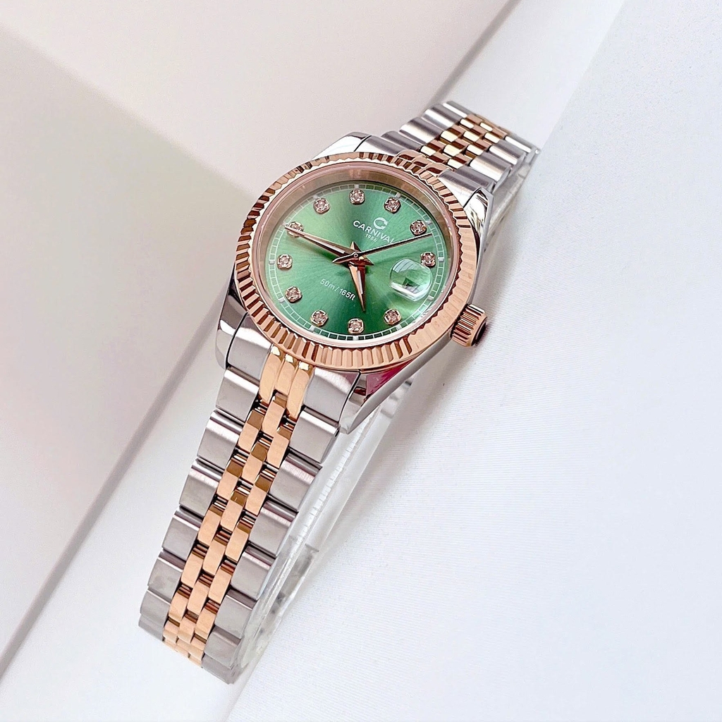 Đồng Hồ Nữ Carnival 8131L-CH-XL Demi Vàng Hồng Mặt Xanh Lá Size 30mm Quartz Japan