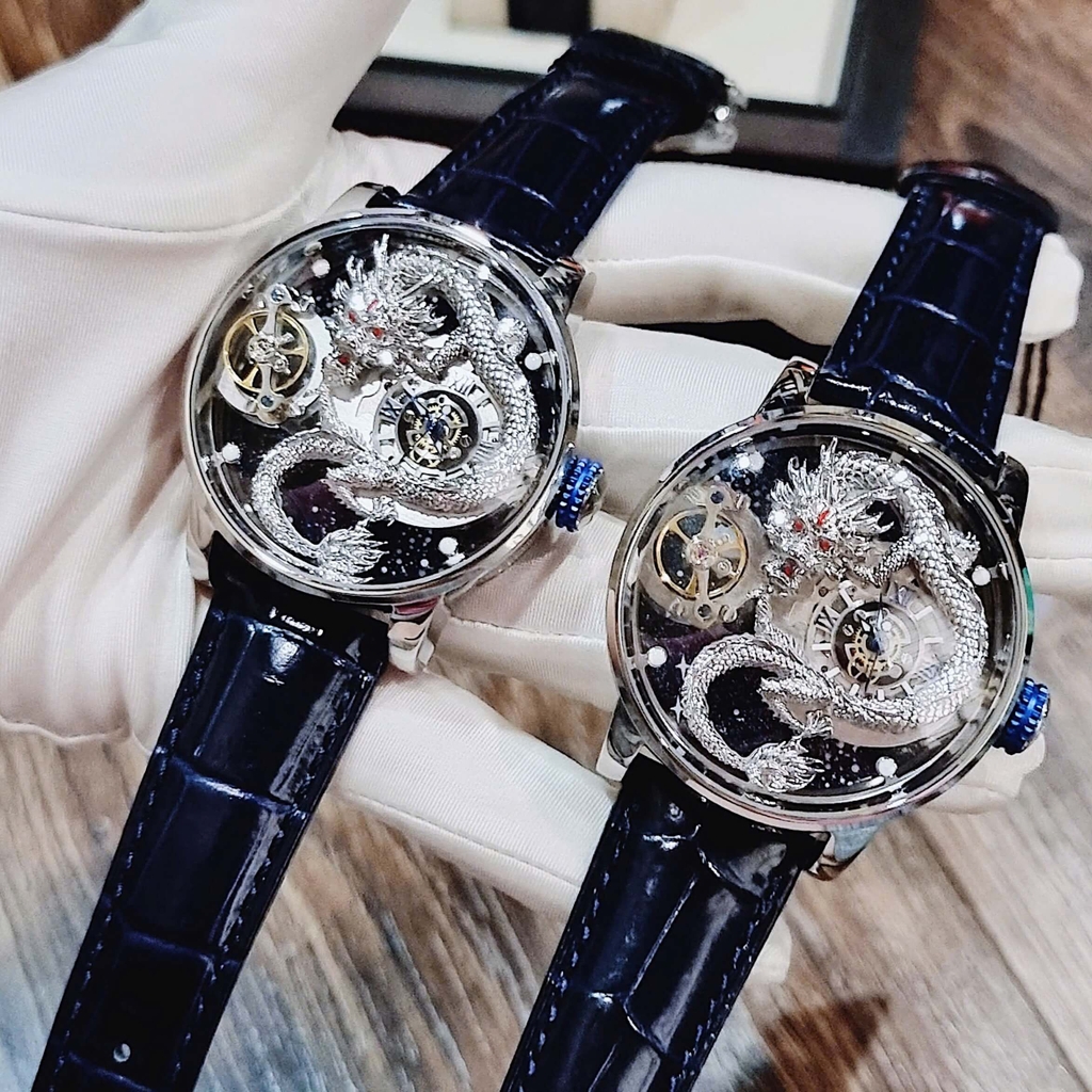 Đồng Hồ Nam Hanboro Automatic Dây Da Xanh Đậm Vỏ Silver Mặt Rồng Size 44mm HBR1018