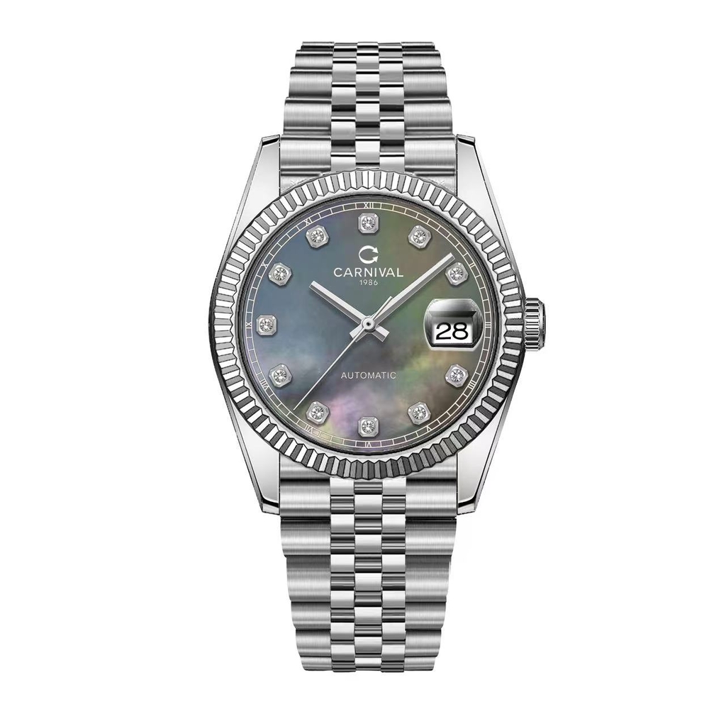 Đồng Hồ Nam Carnival 8250G-VT-DK Automatic Dây Thép Bạc Mặt Xà Cừ Xám Đen Size 38mm
