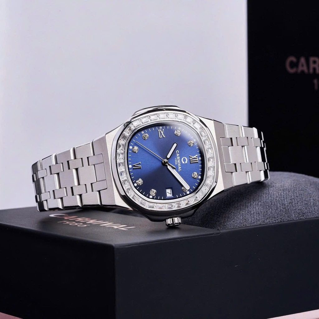 Đồng Hồ Nữ Carnival 8160L2-VT-X Dây Thép Silver Mặt Xanh Dương Viền Đá Size 34mm Sapphire