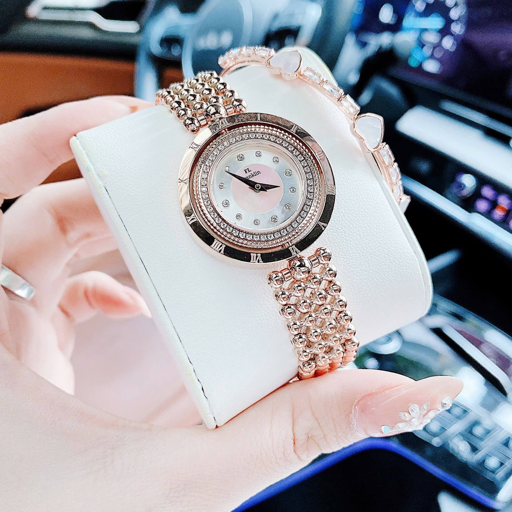 Đồng Hồ Nữ Franklin Màu Vàng Hồng Mặt Xà Cừ Trắng Size 32mm Mặt Xoay 360 Độ FL5488 Tặng Kèm Vòng Tay