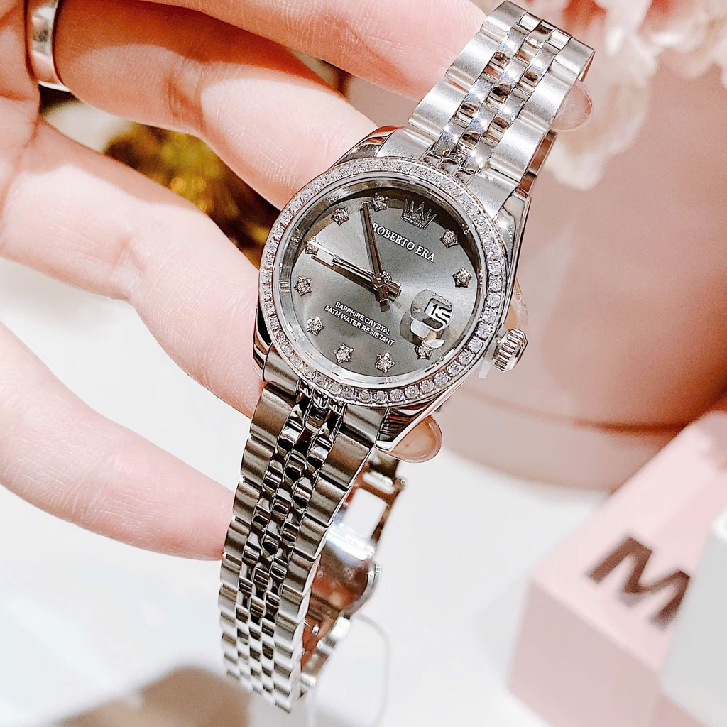 Đồng Hồ Nữ Roberto Era Dây Thép Silver Mặt Xám Viền Đá Size 28mm Roberto Era RE120
