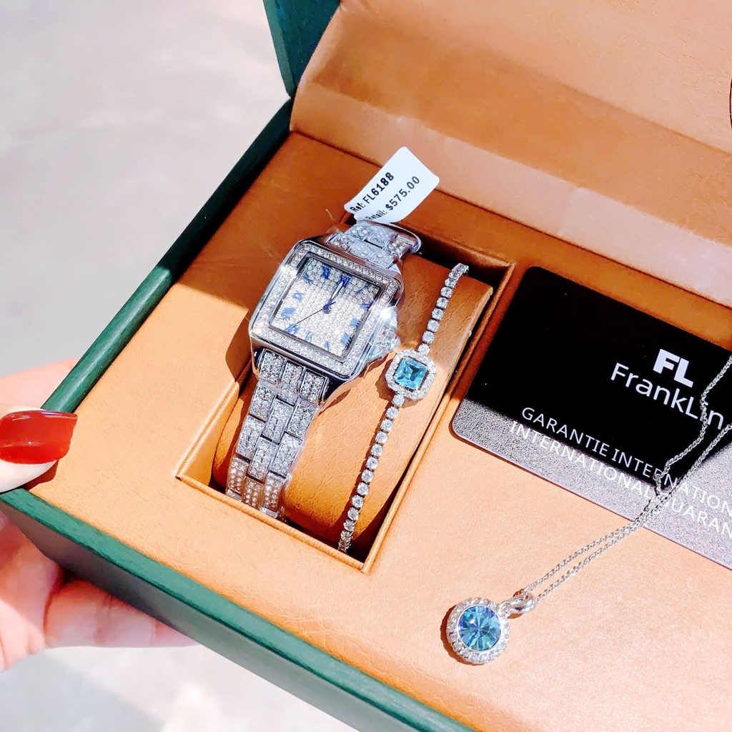 Đồng Hồ Nữ Franklin Đính Đá Chính Hãng Mặt Vuông Size 34mm Kim Xanh Quartz FL6188