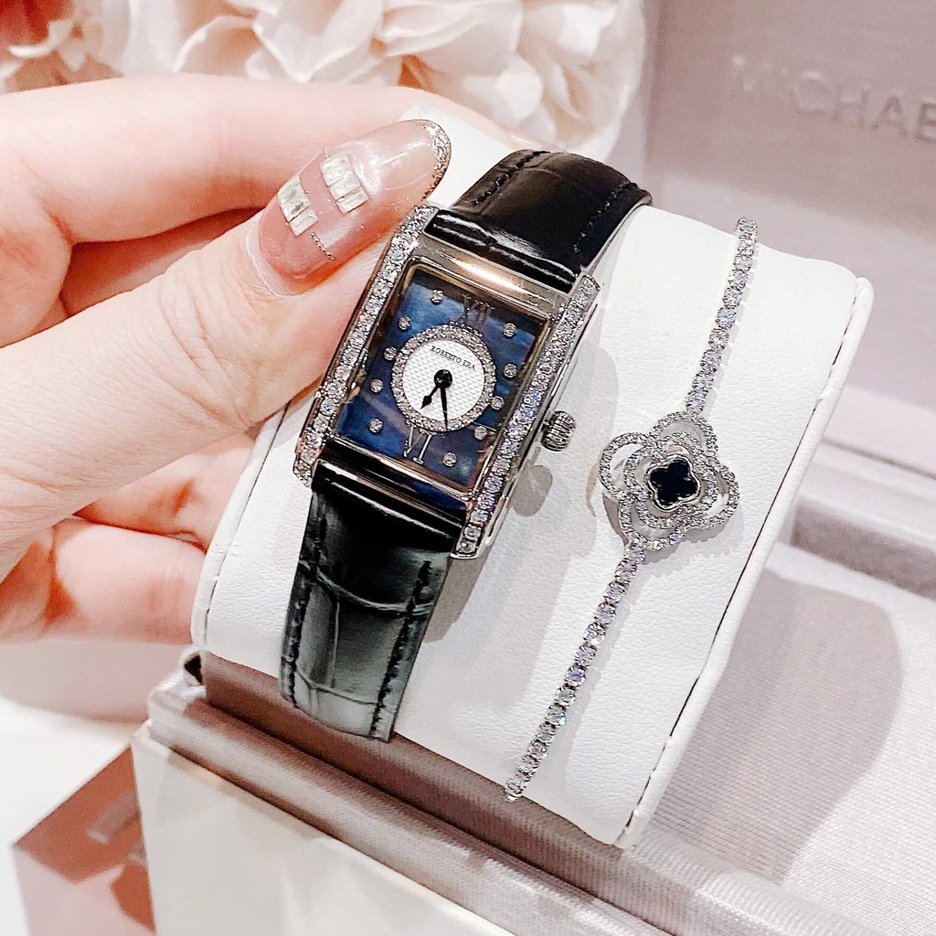 Set Đồng Hồ Nữ Roberto Era Dây Da Đen Xà Cừ Mặt Chữ Nhật Size 28mm Viền Mặt Đính Đá Vỏ Silver RE350