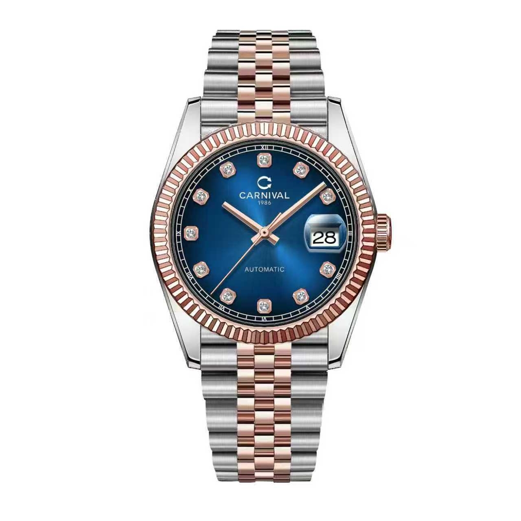 Đồng Hồ Nam Carnival 8250G-CH-X Automatic Dây Demi Vàng Hồng Mặt Xanh Dương Size 38mm