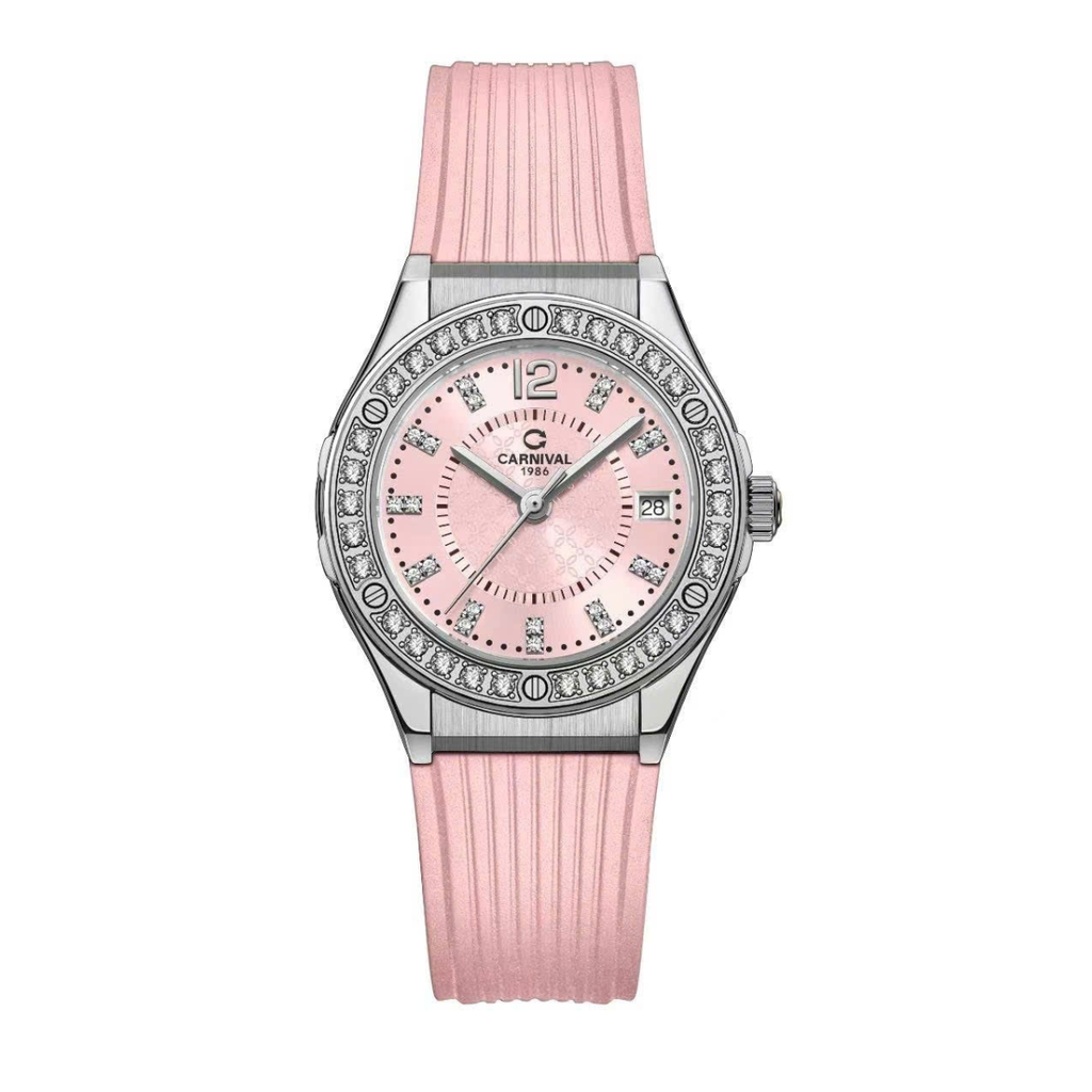 Đồng Hồ Nữ Carnival 8173L2 Dây Cao Su Hồng Đính Đá Silver Size 34mm Quartz Japan Carnival 8173L2-VT-DCS-H