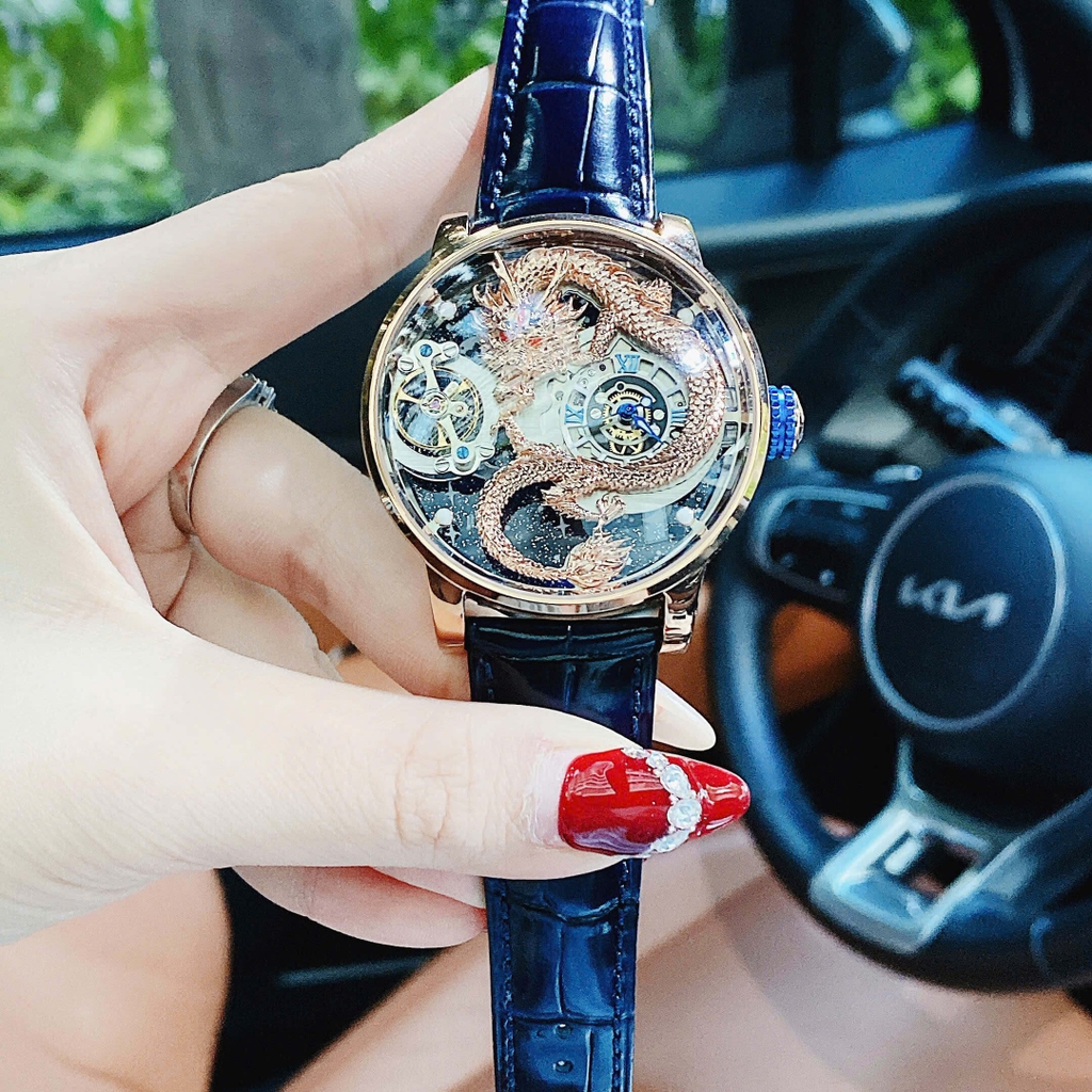 Đồng Hồ Nam Hanboro Automatic Dây Da Xanh Đậm Vỏ Rose Gold Mặt Rồng Size 44mm HBR1018