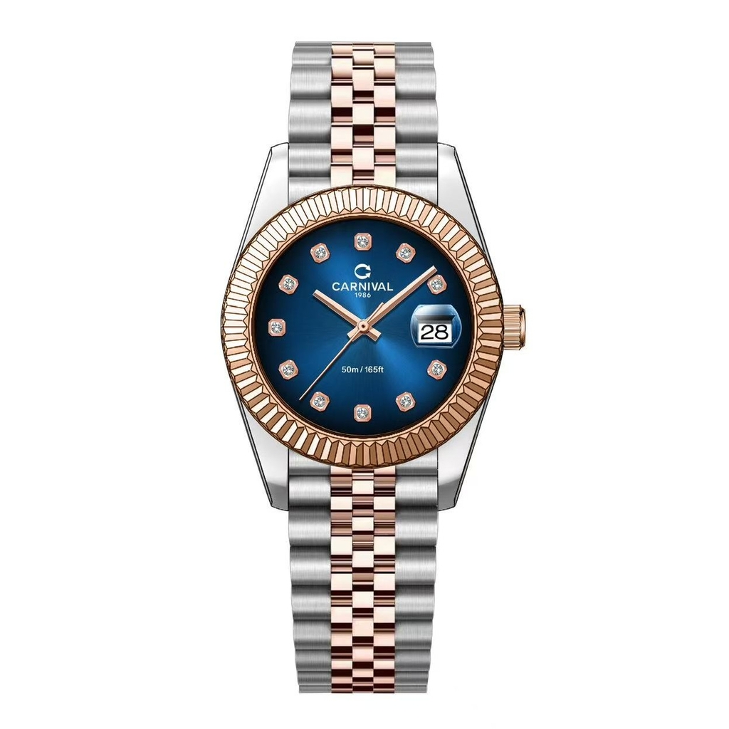 Đồng Hồ Nữ Carnival 8250L-CH-X Demi Vàng Hồng Mặt Xanh Dương Size 30mm Quartz Japan