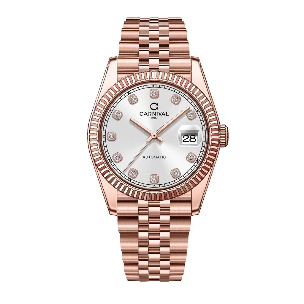 Đồng Hồ Nam Carnival 8250G-VH-T Automatic Dây Thép Màu Vàng Hồng Mặt Trắng Size 38mm