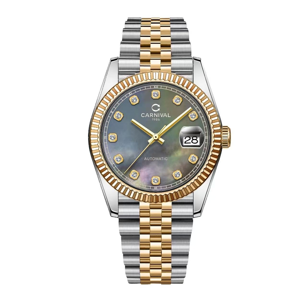 Đồng Hồ Nam Carnival 8250G-CV-DK Automatic Dây Thép Demi Vàng Mặt Xà Cừ Xám Đen Size 38mm