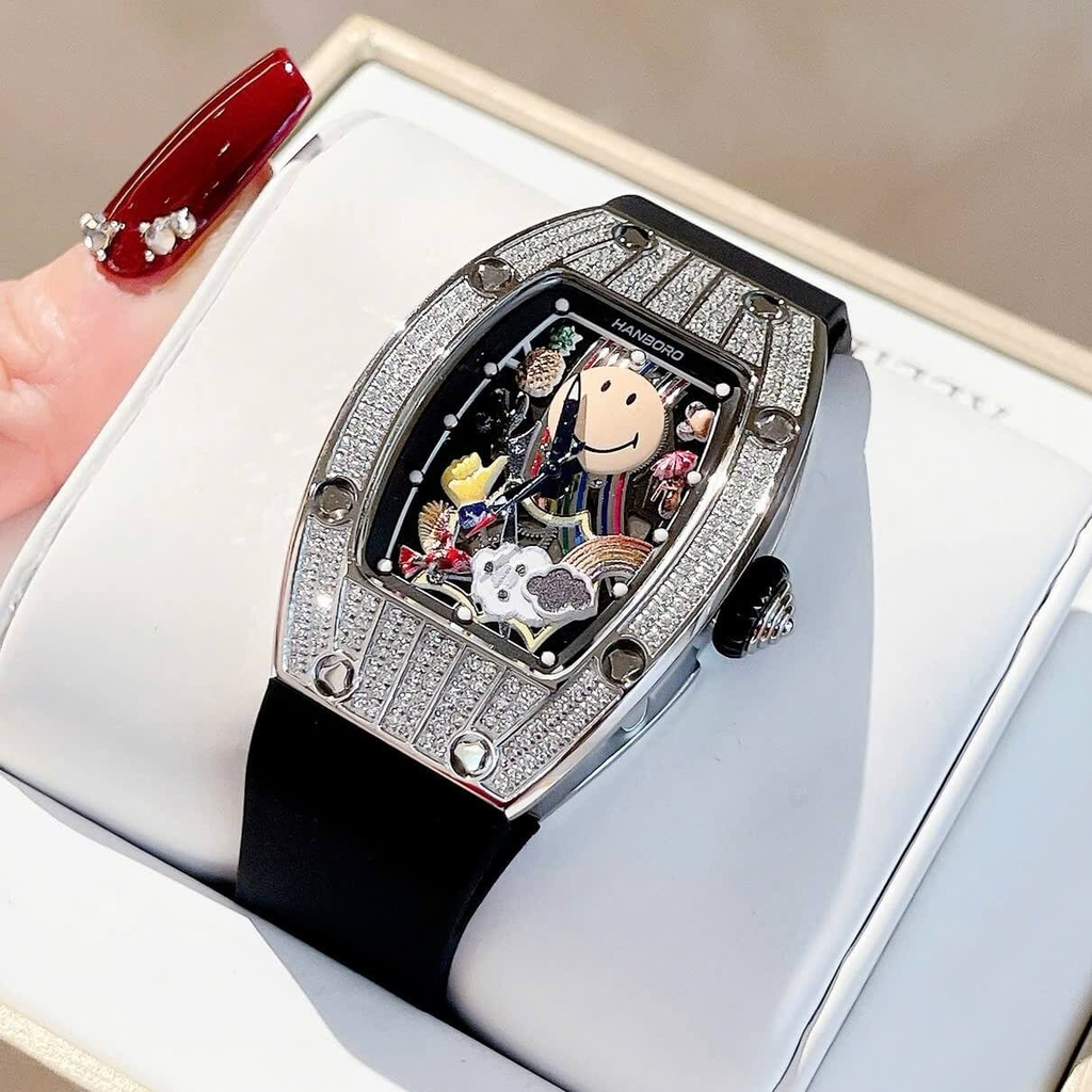 Đồng Hồ Nữ Hanboro Mặt Cười Dây Cao Su Đen Chính Hãng Đính Đá Silver Mặt Size 36mm Quartz
