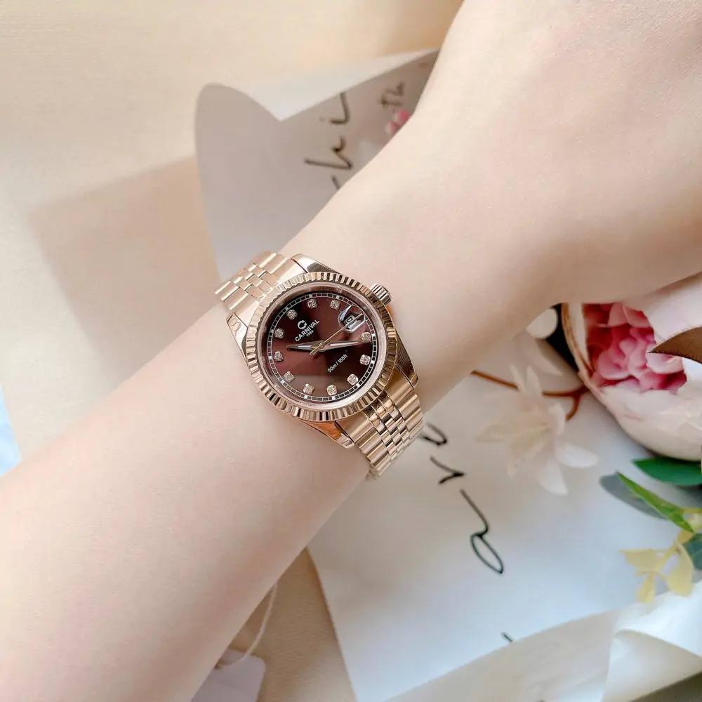 Đồng Hồ Nữ Carnival 8131L-VH-N Dây Thép Vàng Hồng Mặt Nâu Size 30mm Quartz Japan