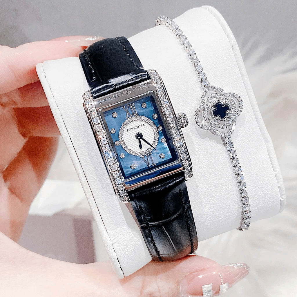 Set Đồng Hồ Nữ Roberto Era Dây Da Đen Xà Cừ Mặt Chữ Nhật Size 28mm Viền Mặt Đính Đá Vỏ Silver RE350