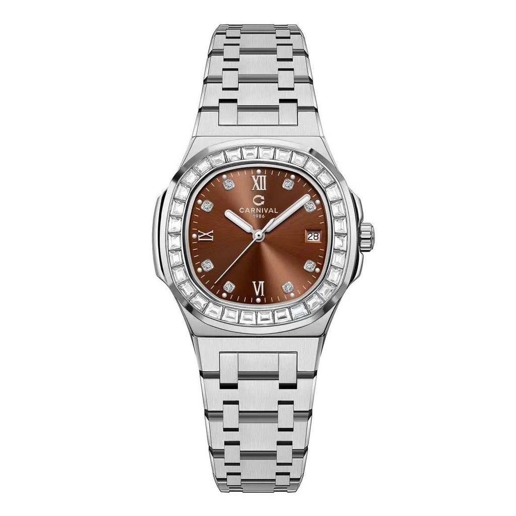 Đồng Hồ Nữ Carnival 8160L2-VT-N Dây Thép Silver Mặt Nâu Viền Đá Size 34mm Sapphire