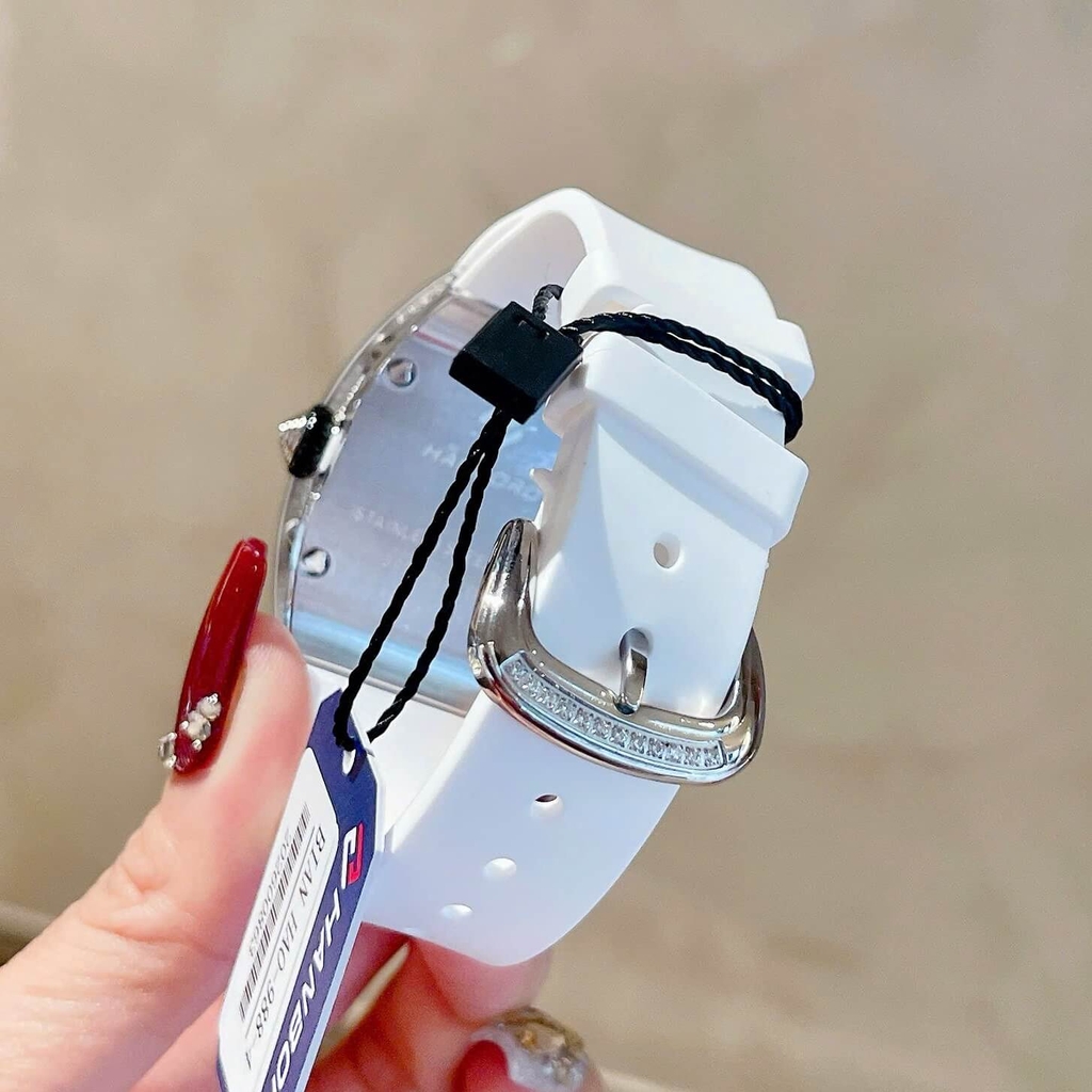 Đồng Hồ Nữ Hanboro Mặt Cười Dây Cao Su Trắng Chính Hãng Đính Đá Silver Mặt Size 36mm Quartz