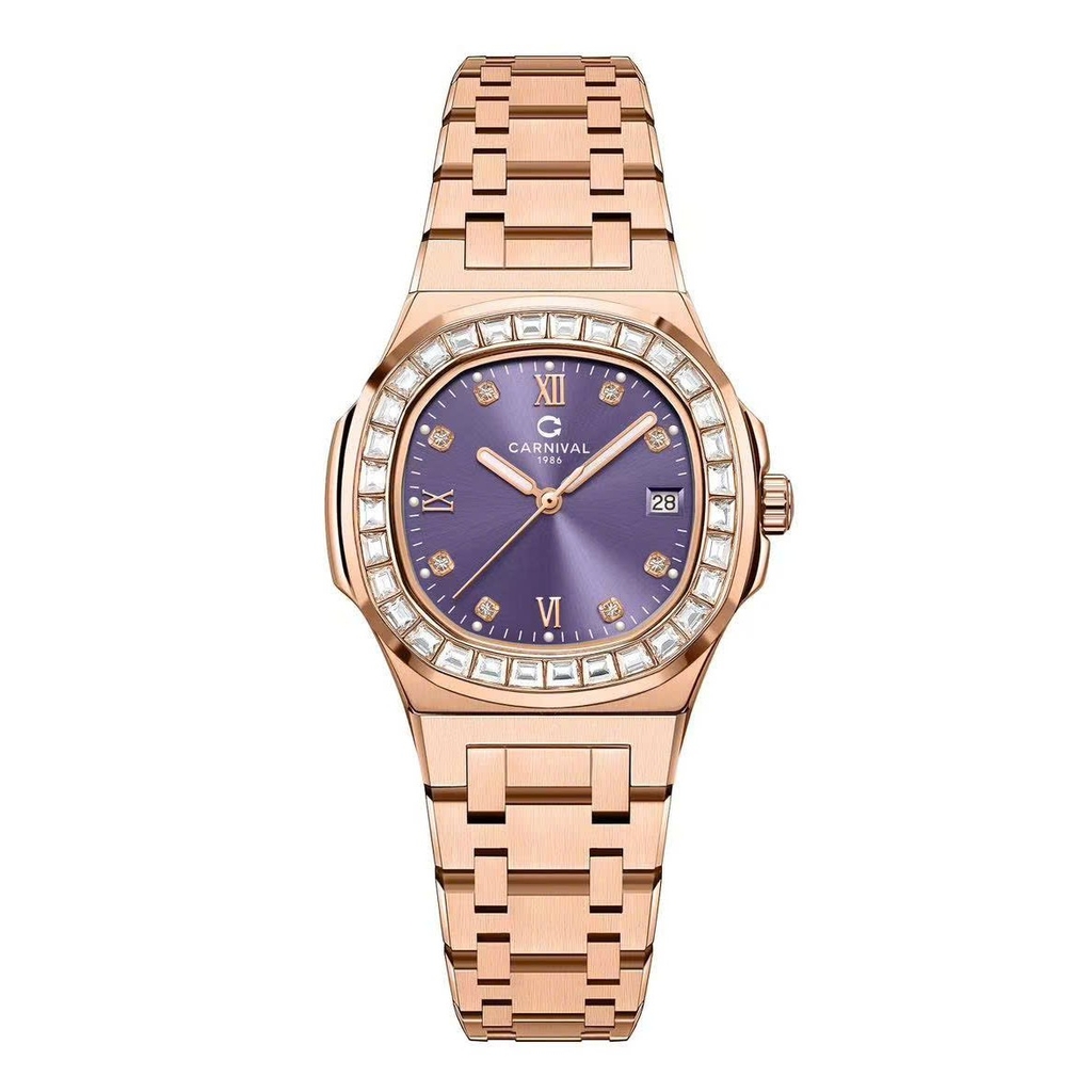 Đồng Hồ Nữ Carnival 8160L2-VH-TIM Vàng Hồng Mặt Tím Viền Đá Size 34mm Sapphire