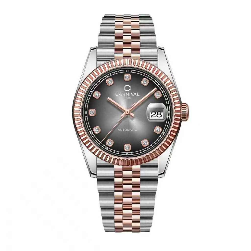 Đồng Hồ Nam Carnival 8250G-CH-TX Automatic Dây Thép Demi Vàng Hồng Mặt Ombre Xám Size 38mm