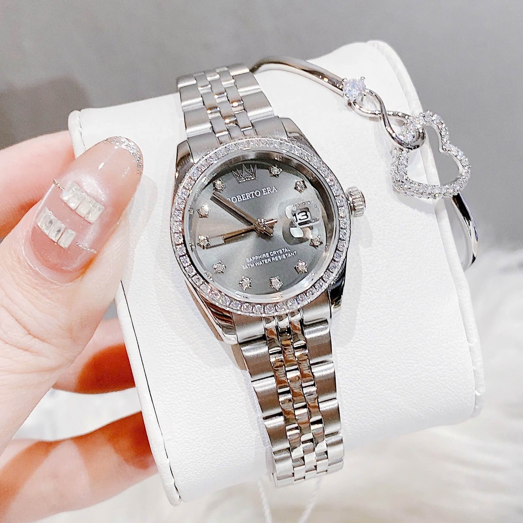 Đồng Hồ Nữ Roberto Era Dây Thép Silver Mặt Xám Viền Đá Size 28mm Roberto Era RE120