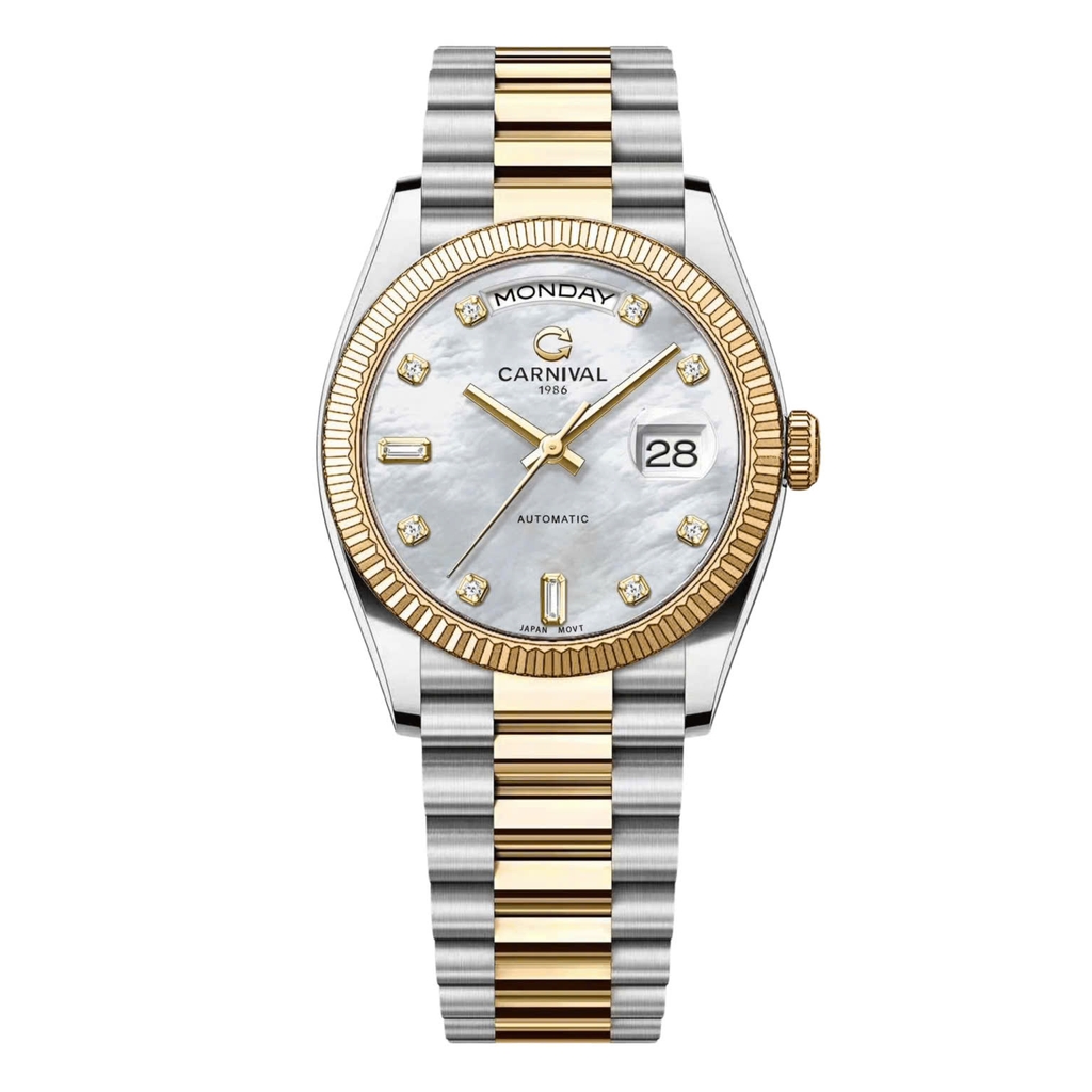 Đồng Hồ Nam Carnival 8239G-CV-TK Automatic Chính Hãng Size 38mm Demi Vàng Mặt Xà Cừ Trắng