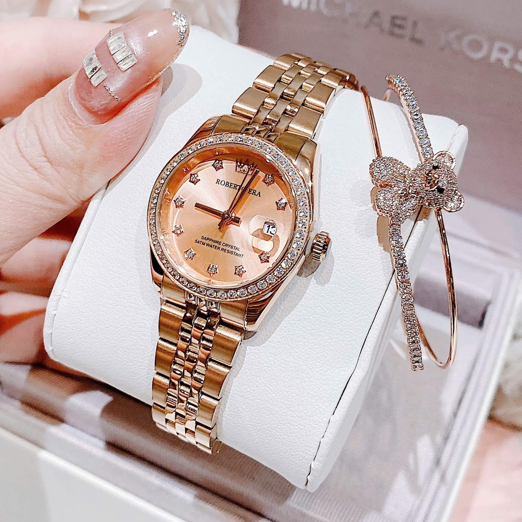 Đồng Hồ Nữ Roberto Era Dây Thép Vàng Hồng Viền Đá Size 28mm Roberto Era RE120