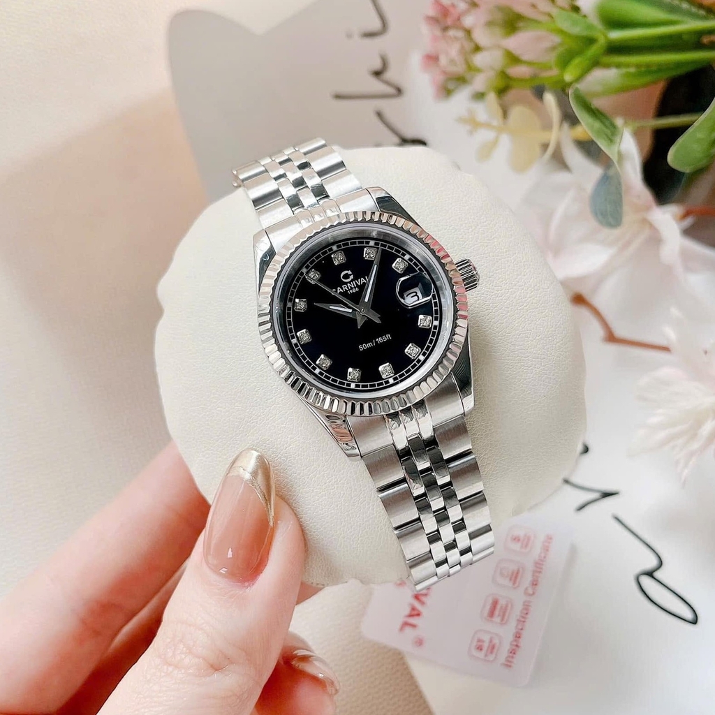 Đồng Hồ Nữ Carnival 8131L-VT-D Dây Thép Bạc Mặt Đen Size 30mm Quartz Japan